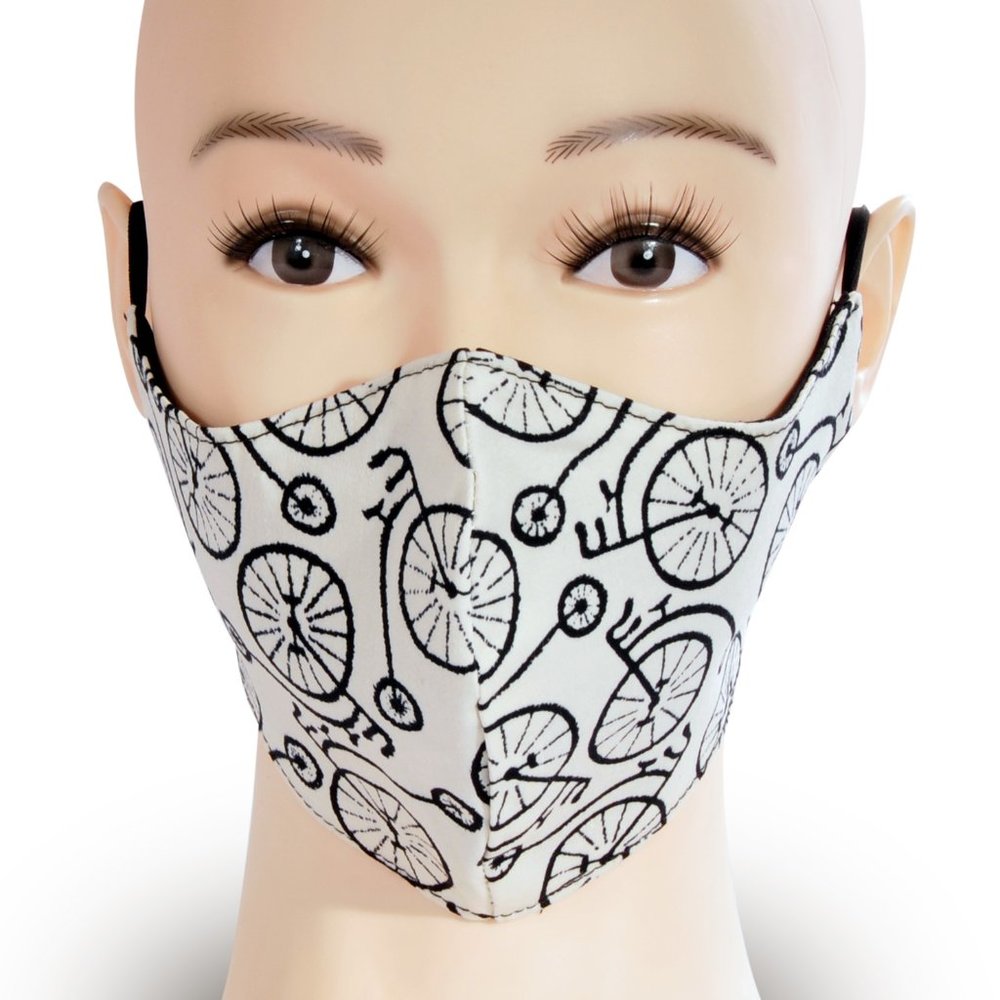 Adjustable Cotton Face Mask, Gray Bicycle Print